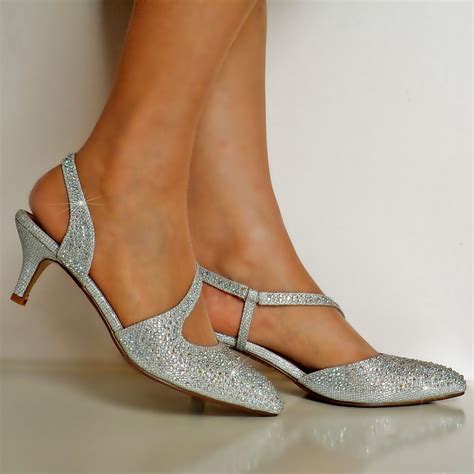 kitten heel silver evening shoe